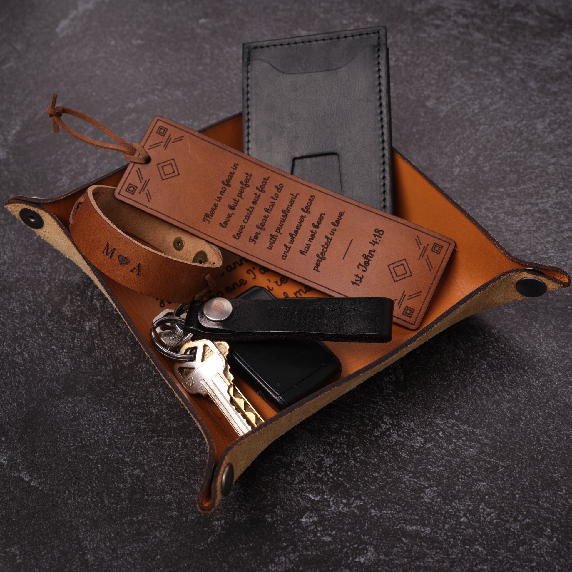 Custom Text Engraved Leather Valet Tray