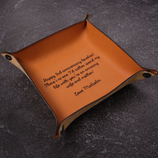 Custom Text Engraved Leather Valet Tray