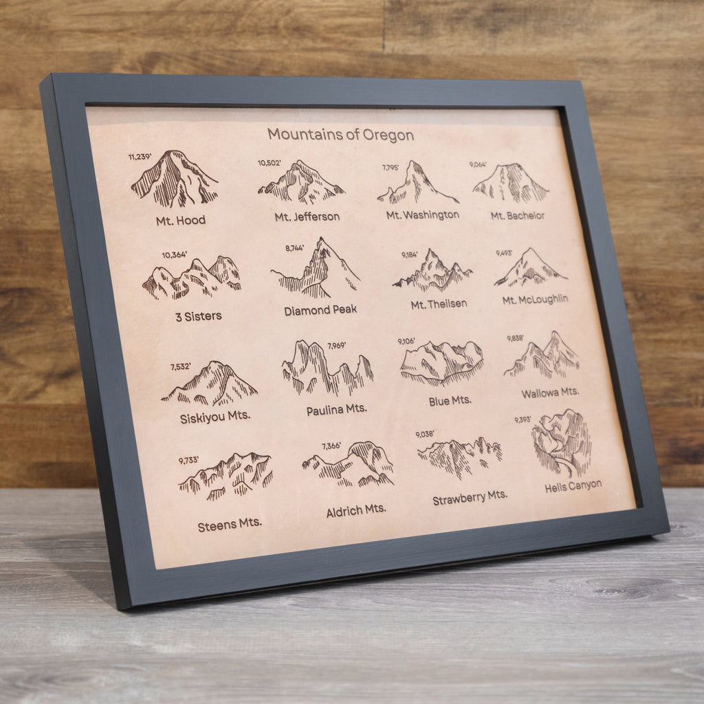 Mountains of Oregon Engraved Leather Art | NW Custom Made