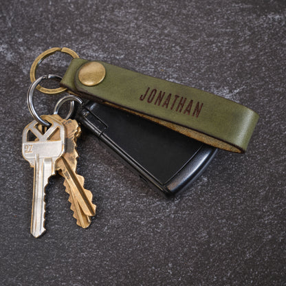 Personalized Leather Keychain with Personalized Engraving Olive Green