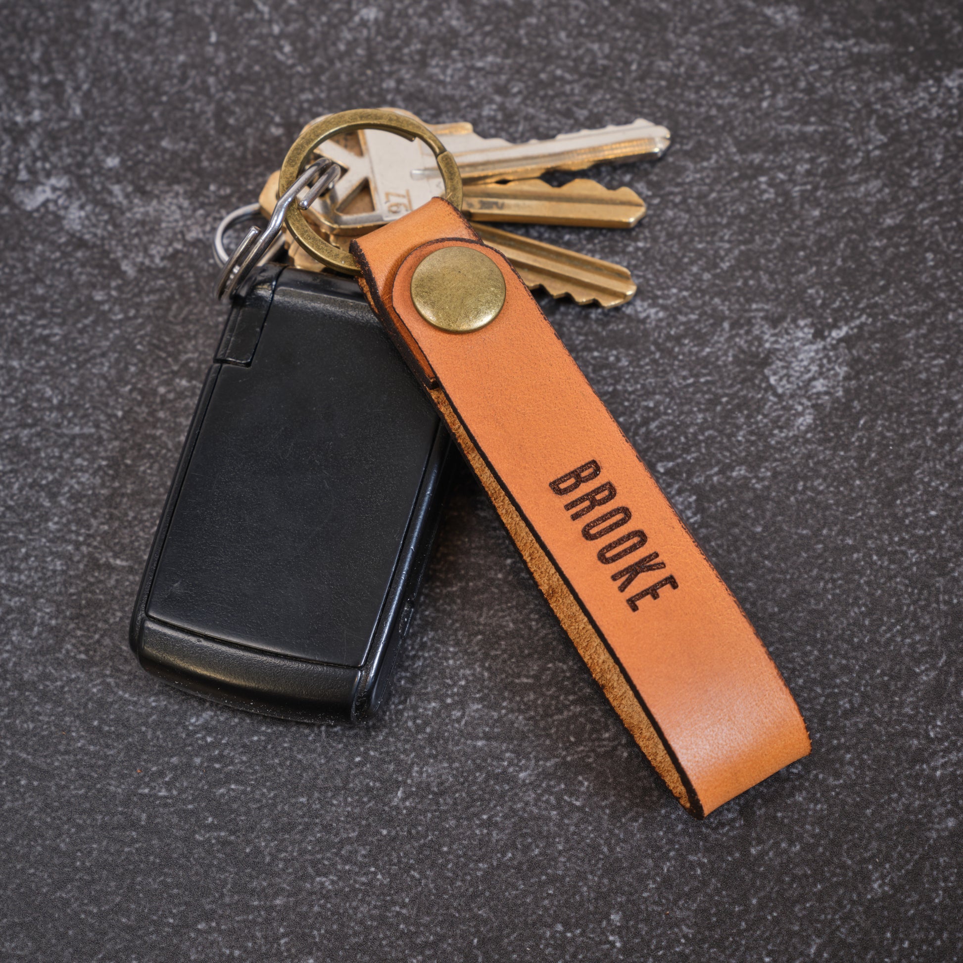 Personalized Leather Keychain with Personalized Engraving Tan